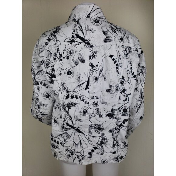 Chicos Denim Jacket Womens Sz 2 L Black Silver Graffiti Print Stretch Cotton - Picture 4 of 12